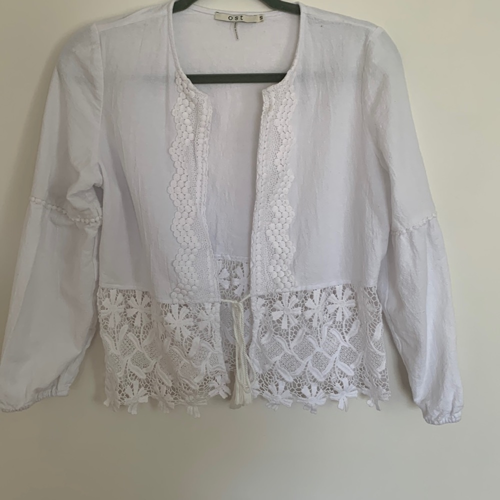 OST White Long Sleeve Open Top with Lace Trim - Size Small - 100% Cotton
